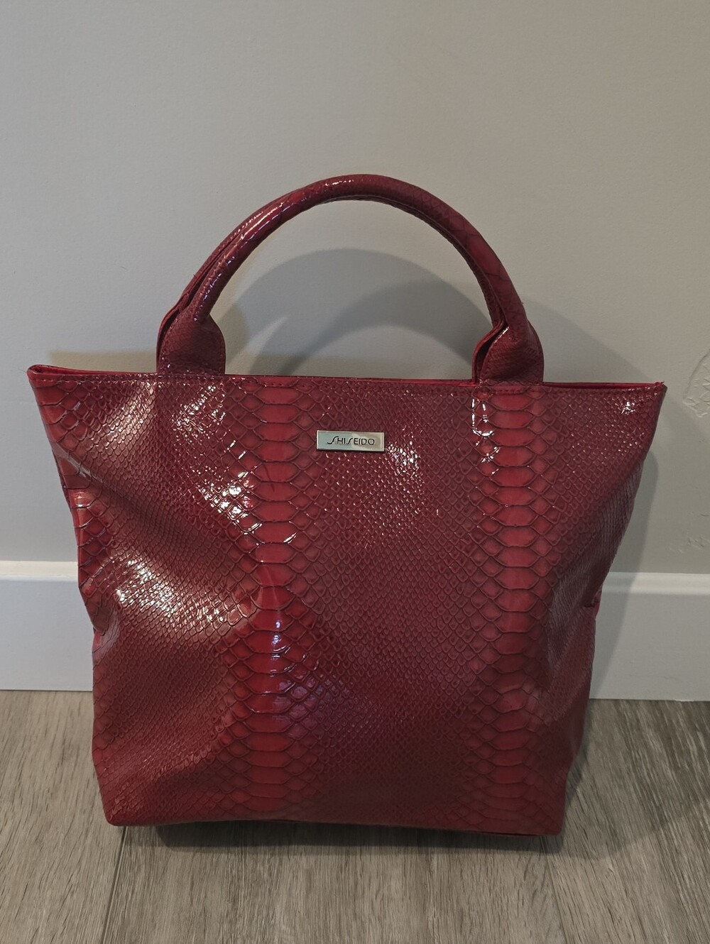 Shiseido Red Faux Leather Snake-Embossed Tote Bag